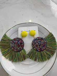 2 Pieces Vintage Bohemian Style Fringed Pendant Earrings With Colorful Rhinestones, Suitable For Women Holidays And Party Wear