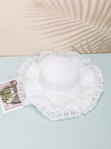 1 件女童蕾丝网眼提花荷叶边蝴蝶结装饰波浪帽檐遮阳帽，公主甜美风格编织太阳帽，适合夏季日常穿着、海滩度假、婚礼季节礼物 - 裙邊蕾絲波浪 - 查看 16