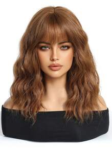 باروكة بنية طول 14 بوصة للنساء، باروكة مموجة بغرة هوائية، باروكة مجعدة من ألياف صناعية مقاومة للحرارة، مناسبة للاستخدام اليومي وحفلات الأعياد والمهرجانات والتنكر