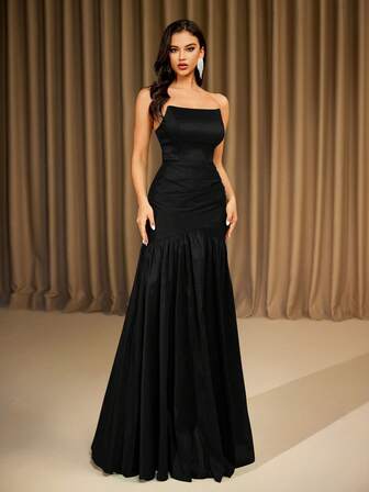 Robe de soirée de banquet longue asymétrique sans bretelles noire, robe de soirée formelle, de fête, de mariée pour invités