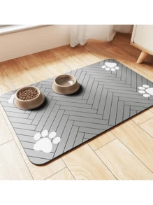 1 pieza Estera absorbente y antifugas para alimentación de perros y gatos con diseño de espiguilla y huella, de secado rápido y fácil de limpiar, ideal como regalo para amantes de perros y gatos, en color negro