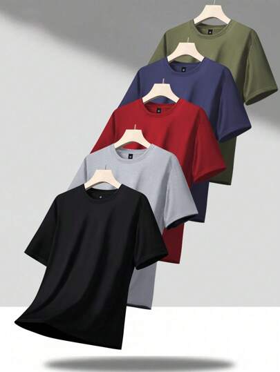 5pcs Pack Men's Summer Basic Tees Plain Short Sleeve T-Shirts, Regular Fit Casual Lightweight Tops, Suitable As Gift For Husband Or Boyfriend