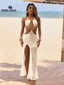 Sexy Cut Out Backless Tie Side Slit Knit Dress Summer White Backless Chic Hanging Neck Swimsuit Bikini Cover-Ups