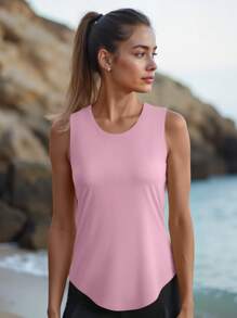 Pink Women Athletic Tank Top With Curved Hem For Layered Look Wide Shoulder Racerback Style Ideal For Yoga Workouts Gym Sessions And Outdoor Hiking Outfits - Pink - View 6