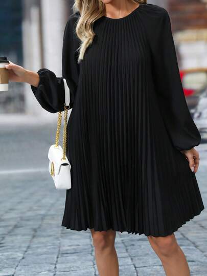 Plisserad rund hals Vardagshelg smekmånad Elegant rynkad långärmad midiklänning för kvinnor, plusstorlek (bälte ingår ej), vår/sommar