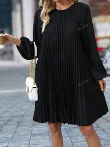 Robe midi élégante à manches longues plissée, col rond, décontractée, de vacances, de lune de miel, avec froncis pour femmes, grande taille (ceinture non incluse), printemps/été