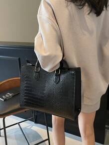 Fashionable Crocodile Grain Large Capacity Zipper Handbag, Suitable For Daily Business Travel, Vacation, Outdoor, Home, Dorm, Student Shopping Bag, Business Casual Woman Bag Perfect For Office Business And Work - Black - View 7