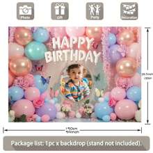 1pc Customisable Photo Rainbow Balloon Happy Birthday Photography Background Fabric Pink Floral Butterfly Design Personalised Photo Design Suitable For Birthday Babyshower Background Decoration Banner Vinyl