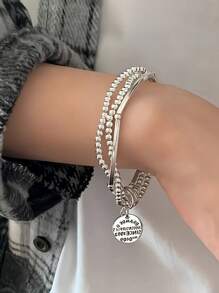 纯银多层圆珠字母圆形品牌手链女士手工弹力绳设计三层银珠手链 - 多層圓牌手鍊 - 查看 3