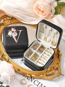 A-Z Floral Letter Pattern Travel Jewelry Box, Portable Zipper Travel Jewelry Storage Box, Gift Box For Women, PU Leather Waterproof Jewelry Box For Rings, Pendants, Earrings, Necklaces, Etc. - Gift Boxes For Girls And Women, Sun Travel Cool Back To School