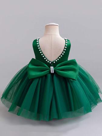 Hibobi 1 pieza Vestido de fiesta sin mangas para bebé niña, con lazo extragrande, estampado de copos de nieve y cuello decorado con perlas, ideal para niñas de 1 a 4 años en celebraciones