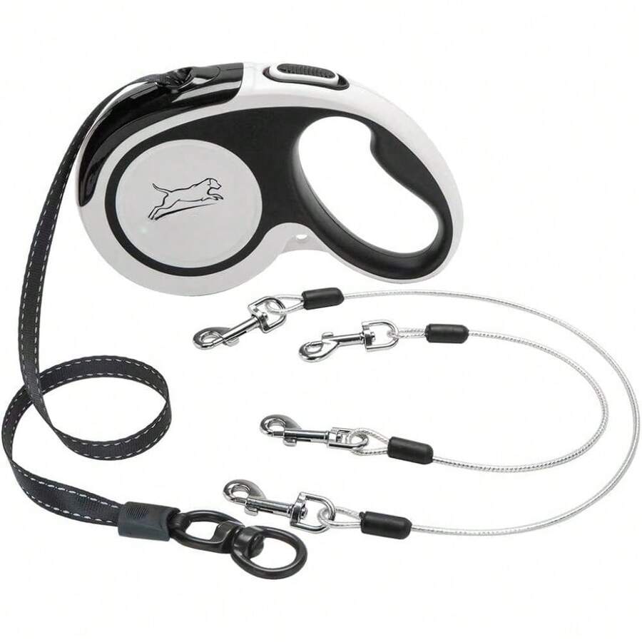 para perro a prueba de masticación, correa doble reflectante extensible para 2 perros con 2 cuerdas de alambre fuertes sin enredos, correa doble resistente de 16 pies para perros medianos y grandes - Blanco y Negro - Ver 1