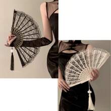 1/2pcs Elegant Retro Chinese Style Black & White Lace Folding Hand Fan, Hanfu/Cheongsam Accessories, Retro Tassel Photography Props For Party & Ball, Perfect For Summer Fan (Without Tassel At Bottom) - Multicolor - View 14