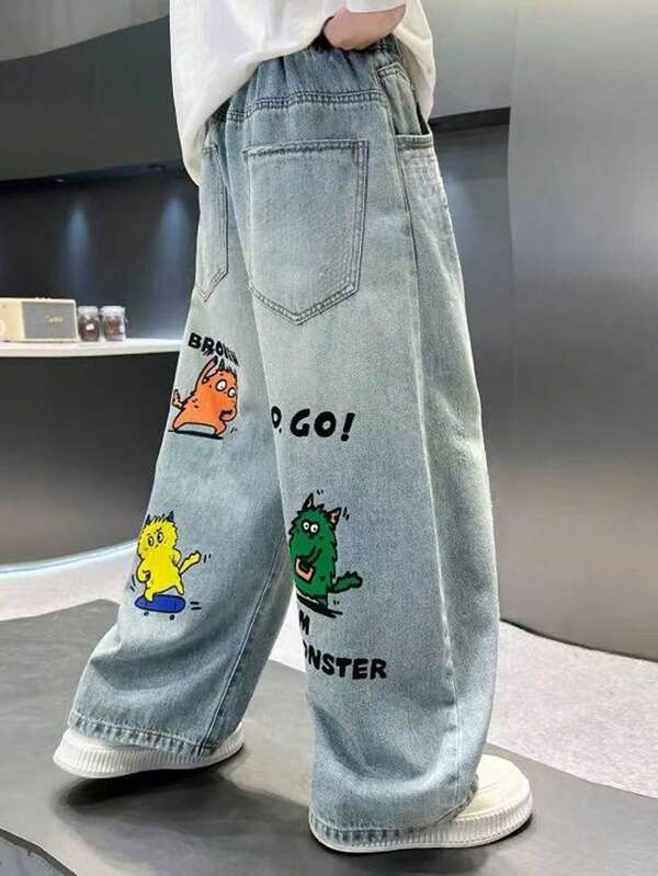 Calça jeans casual com estampa gráfica para adolescentes, corte solto e perna reta, calça jeans relaxada e perna reta para adolescentes, pré-adolescentes e crianças maiores