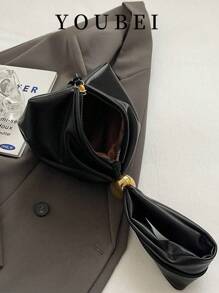 1pc Women Solid Color PU Tote Bag, Personalized Mini Ruched Bag With Metal Decors & Zipper Closure, Suitable For Daily & Outdoor Use