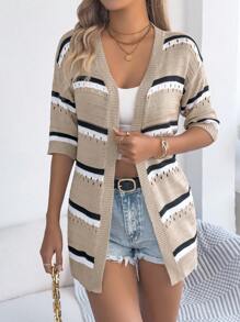 Casual Striped Lightweight Open Front Short Sleeve Cover-Up Cardigan, Spring/Summer, Breathable - Khaki - View 3