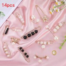 14/21pcs Women Brooch & Pins, Waist Cincher Belt Clip, Scarf, Sweater, Collar Clips, Faux Pearl Brooch, Fashion Cover Up Buttons And Clothing Decorations - Multicolor - View 8