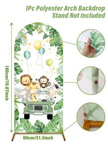 1件丛林动物拱门背景布，带松紧带，涤纶面料，动物和汽车图案，丛林动物主题派对装饰，性别揭晓派对背景装饰，适用于拱门支架，生日摄影道具，生日装饰，生日派对礼物 - 動物開小車 - 查看 8