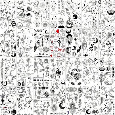 28 Sheets 220+ Pattern Line Art Minimalism Temporary Tattoos For Women Men Adults - Abstract Moon, Sun, Stars, Snakes, Flowers Deer Fake Tattoo Stickers