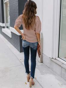 Women's Solid Short Sleeve Blouse Summer Crew Neck Casual Tops Fashion Puffed Sleeve Shirt