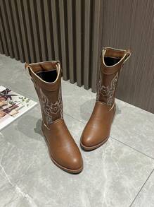 Kids Western Embroidered Cowboy Boots, New Simple Style Boys/Girls Boots, Retro Mid-Calf Versatile Riding Boots, Suitable For All Seasons