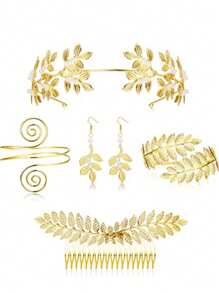 IRONBOX 4-16Pcs Greek Goddess Costume Accessories Set For Women Gold Leaf Crown Bracelet Pearl Earrings Bridal Wedding Jewelry - Gold - View 14