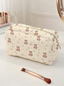 Bear Pattern Corduroy Makeup Bag, Lightweight Zipper Cosmetic Storage Bag Sweet Style Versatile Toiletries Organizer, Gift For Girls Women Friends,Travel Portable Cosmetic Storage Bag Holiday Essentials Holiday Travel Essentials Travel Bag Travel Accessories