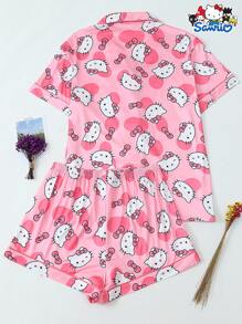 2pcs Set Licensed Sanrio Hello Kitty Print Lapel Short Sleeve Button Pocket Top And Bow Shorts Pajama Loungewear Set, For Home Use, Spring/Summer - Hot Pink - View 2