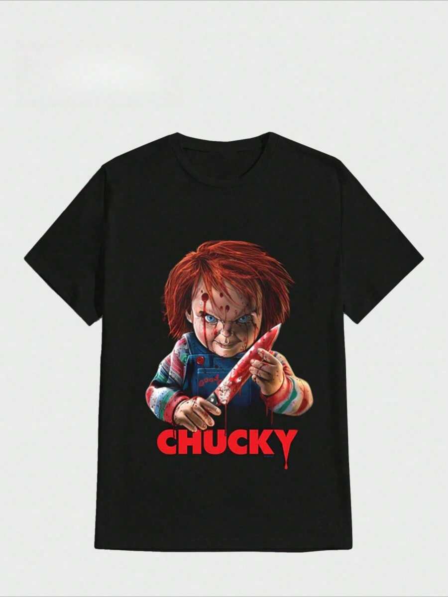 Ropa de horror de Halloween camisetas de manga corta de algodón Camiseta casual con estampado digital Camiseta de algodón puro y pesado - Negro - Ver 1