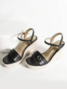 Damen Schwarze High Heel Plateau Keil Sandalen, Dicke Absatz Boho Stil bequeme Arbeits Sandalen 6cm quadratischer Absatz mit Schnalle, minimalistisch sexy