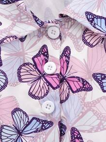 Set de 2 vestidos de tirantes casuales con estampado de mariposa de dibujos animados y sombrero para niñas pequeñas, para verano