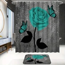 4pcs Garden Roses Bathroom Accessory Sets With Rugs For Bathroom Decor, Drops Water Flower Beautiful Glass Abstract Nature Spring Love Theme, Includes Toilet Lid Cover And U-Shaped Rugs, Curtains For Bathroom - 70.8in*70.8in - View 2
