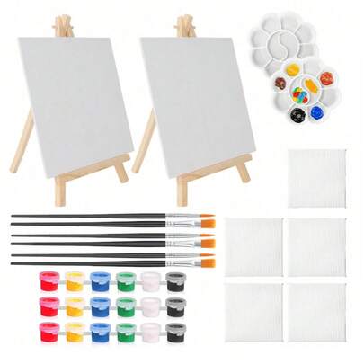 Set de 20 piezas mini lienzo y caballete (7 lienzos + 2 caballetes + 3 pinturas + 6 pinceles + 2 paletas) adecuado para pintura, pintura al óleo, práctica de acuarela, pintura pequeña, manualidades y fiestas de arte, Día de la Madre, regalo para mamá, vuelta a la escuela, útiles escolares