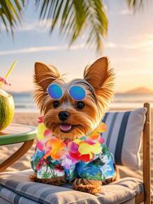 3pcs/Set Pet Dog And Cat Hawaiian Clothing, Including Cool T-Shirt Summer Clothes For Puppy, Fun And Cute Dog Vintage Fashion Sunglasses And Colorful Leis, Suitable For Small And Medium-Sized Pets
