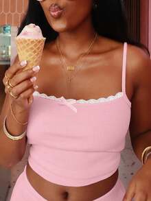 Women Summer Ribbed Lace Patchwork Bow Crop Camisole And Pants Two Pieces Set Skinny Sexy Matching Outfits - Pink - View 7