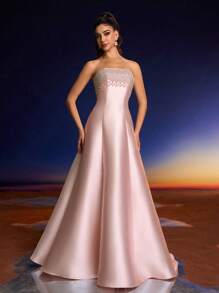 Anymoon 女士高腰长款晚礼服，胸前饰有仿珍珠水钻，适合派对、正式场合和婚礼宾客穿着。春季优雅派对粉色 - 粉色 - 查看 6