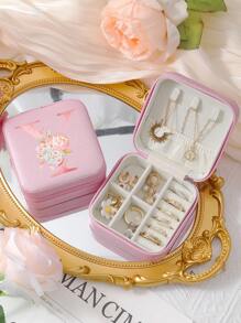A-Z Floral Letter Pattern Travel Jewelry Box, Portable Zipper Travel Jewelry Storage Box, Gift Box For Women, PU Leather Waterproof Jewelry Box For Rings, Pendants, Earrings, Necklaces, Etc. - Gift Boxes For Girls And Women, Sun Travel Cool Back To School