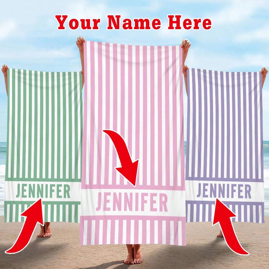 1pc Custom Text Beach Towel, Strong Water Absorption, Suitable For Swimming Pool, Camping Trip, Extremely Comfortable,Multi-Functional,Adjustable, Ornamental,Reusable,Breathable,Exquisite,Adorable,High-Quality,Modern,Colorful,Cute,Comfortable,Stylish,Soft,Custom,Personalized,Unique,Ideal Gifts For Him,Ideal Gifts For Her,Boyfriend,Girlfriend,Dad,Mom,Family,Friends,Son,Daughter,Office,Tea Room,School,Home,Home Refresh,Customized Beach Towels