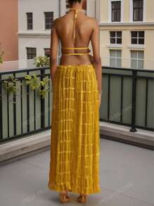 Conjunto de vestido maxi con falda plisada de gasa de albaricoque, con encaje, escote halter y espalda descubierta - Conjunto romántico y elegante de 2 piezas