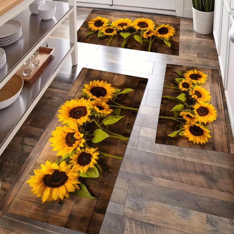 1pc Sunflower Pattern Printed Anti-Slip Silica Gel Kitchen Carpet, 3D Print Rectangular, Suitable For Living Room, Bedroom, Hallway, Bathroom, Laundry Room - Polyester Carpet, Indoor And Outdoor Home Decor - FUCFD142 - View 1