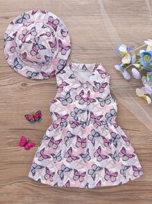 Set de 2 vestidos de tirantes casuales con estampado de mariposa de dibujos animados y sombrero para niñas pequeñas, para verano
