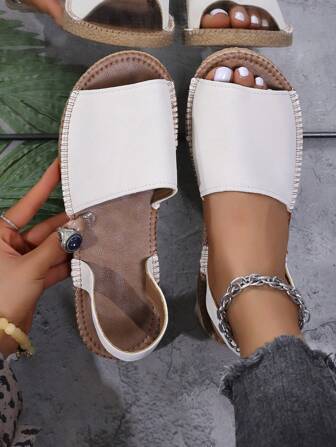 女士平底凉鞋 - 平底一脚蹬凉鞋，纯色露趾防滑拖鞋，适合室内外穿着，白色