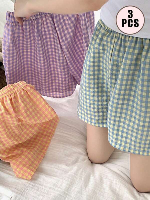 3pcs/Pack Plaid Casual Shorts For Women, Summer Lightweight Candy Color Korean Style Cotton Loose High Waist Sports Straight Lounge Shorts Sleep Shorts