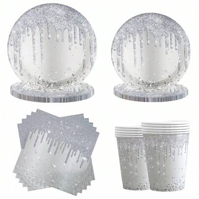 10 件装银钻派对用品银色闪光餐具套装适用于生日快乐餐桌装饰闪光钻石银色生日主题甜点盘餐巾饮水杯闪光迪斯科单身派对周年纪念婚礼新娘送礼会生日派对用品