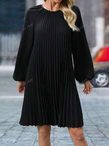 Robe midi élégante à manches longues plissée, col rond, décontractée, de vacances, de lune de miel, avec froncis pour femmes, grande taille (ceinture non incluse), printemps/été