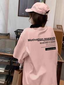 日系女式宽松休闲百搭字母印花短袖T恤，春夏粉色 - 粉色 - 查看 3