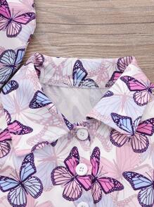 Set de 2 vestidos de tirantes casuales con estampado de mariposa de dibujos animados y sombrero para niñas pequeñas, para verano