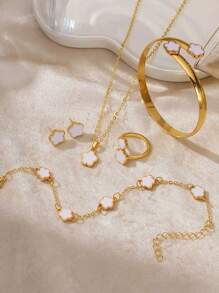 5pcs/Set Lucky Flower Bracelet, Necklace, Earrings, Ring Jewelry Set, Suitable For Daily Wear And Holiday Gifts