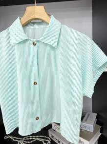 ELLIE Casual Striped Print Loose Cropped Shirt - 淡綠色條紋 - 查看 3