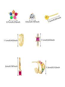 7 stuks/set (voor 1 zijde) Modieuze multi-color vergulde zirkonia oorbellen, creolen, oorbellen met hangers sieradenset voor vrouwen, geschikt voor dagelijks gebruik, feest, festival